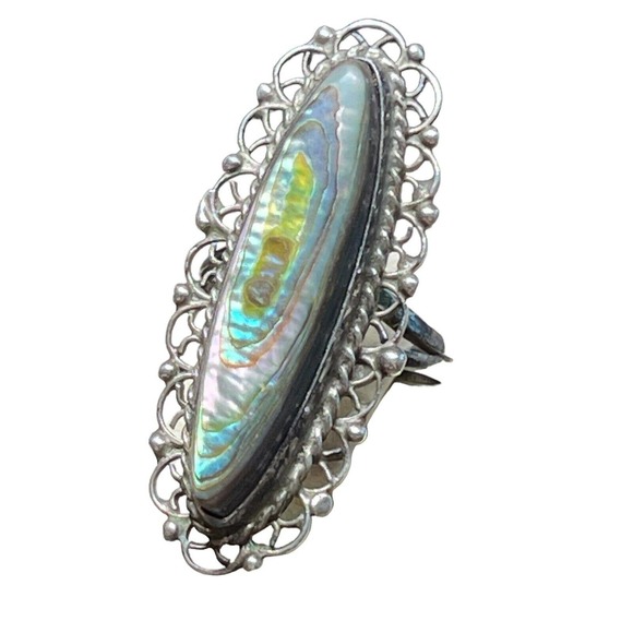 Beautiful ANTIQUE VINTAGE Sterling Silver & Abalone Shell Ring Size 5 - Picture 8 of 11